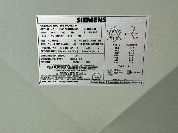Used 500 KVA Transformer Siemens 3F3Y500K13C 480 X 208/120V Copper Tested Nema 3R