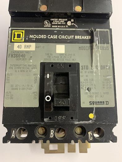 Used FH36040 Square D 40 Amp 600V 3 Pole I-Line Plug In Circuit Breaker 785901241355