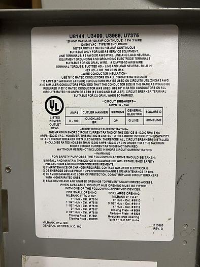 Used Milbank 125 Amp 240V Single Phase Main Breaker Meter Socket