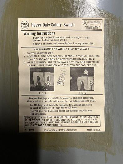HU361 Westinghouse 30 Amp 600V 3P Non Fused Indoor Disconnect