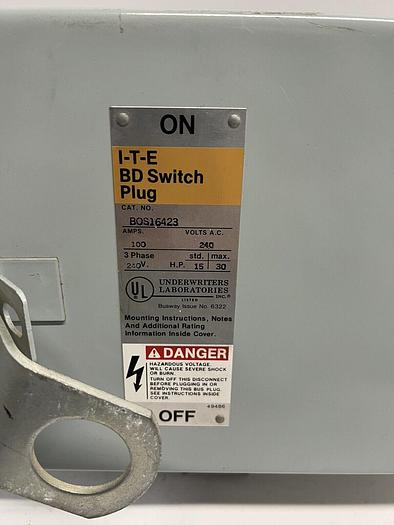 Used BOS16423 ITE Siemens 100 Amp 240V 3P 4W Fusible Bus Plug Switch