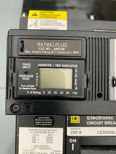 Used LE36250LS Square D 250 Amp 600V 3 Pole 65kA@480V ARP100 ILine Circuit Breaker