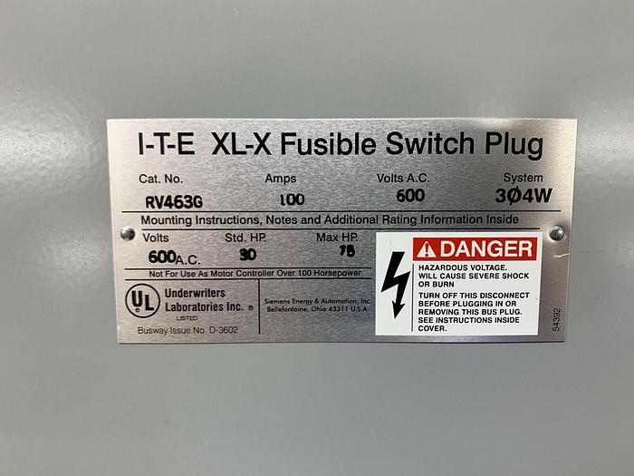 Used RV463G Siemens ITE 100 Amp 600V 3P 4W Ground Fusible XL-X Bus Plug Switch 783643230194