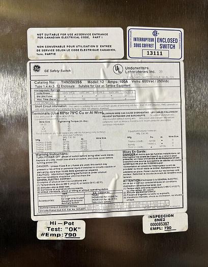 THN3363SS GE 100 Amp 600V 3 Pole Non Fusible Stainless Steel Disconnect New 783164133240
