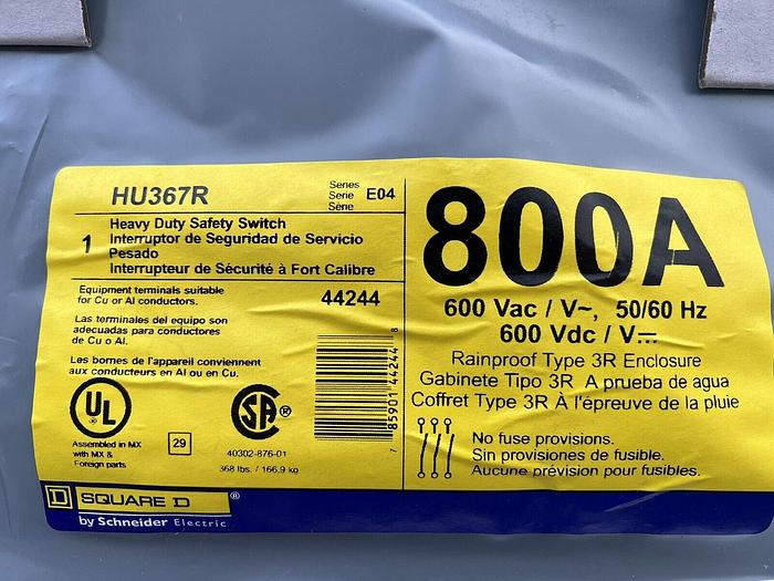 HU367R Square D 800 Amp 600V 3 Pole Non Fusible Nema 3R Outdoor Rated Disconnect