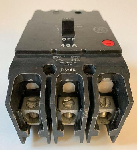 Used TEY340 GE 40 Amp 480V 3 Pole Bolt On Circuit Breaker General Electric Type TEY 783164181050