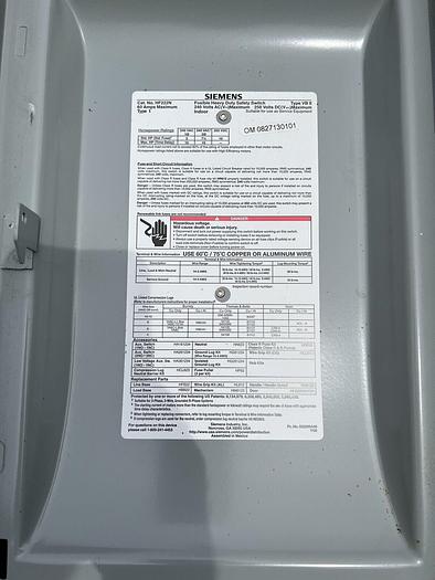 Used HF222N Siemens 60 Amp 240V 2 Pole 3 Wire Fusible Nema 1 Indoor Disconnect Switch