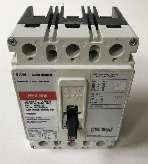Used HFD3100 Cutler Hammer 100 Amp 600V 3 Pole 65KA@480V Bolt On Circuit Breaker 786679175897