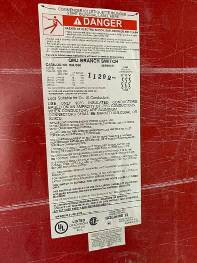 Used QMJ366 Square D 600A 600V 3 Pole Fusible Panelboard Switch Series E1