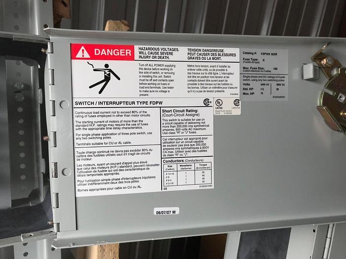 FDPWS323R Cutler Hammer 100 Amp 240V 3 Pole Fusible Panelboard Switch New