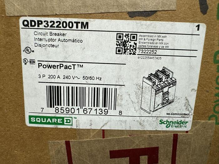 QDP32200TM Square D 200 Amp 240V 25kA@240V 3 Pole Bolt On Circuit Breaker
