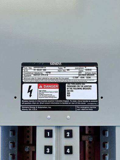 Used 200 Amp Main Breaker Panel 480/277V Siemens CFD63B200 200K Rated Main Breaker S3