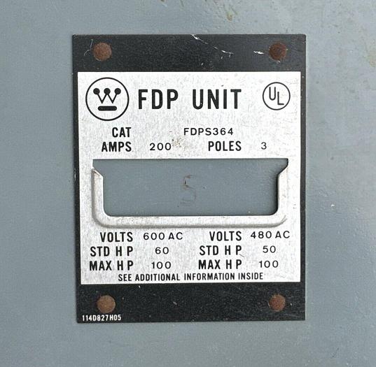 Used FDPS364 Westinghouse 200 Amp 600V 3 Pole with Hardware Strap Kit