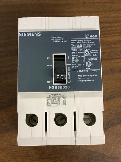 Used HGB3B020 Siemens 20 Amp 600V 3 Pole Bolt On Circuit Breaker 35K Rated 887621219772