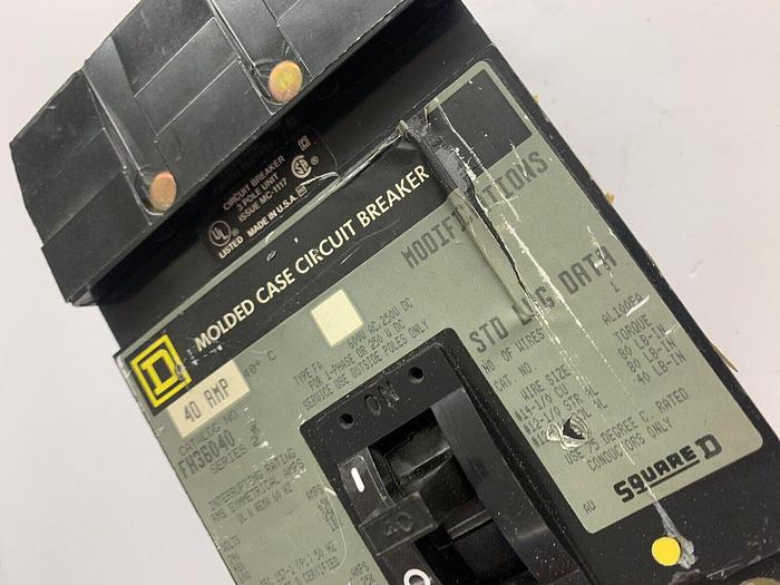 Used FH36040 Square D 40 Amp 600V 3 Pole I-Line Plug In Circuit Breaker 785901241355