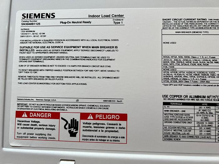 SN3048B1125 Siemens 125 Amp Main Breaker 120/240V Single Phase Load Center New