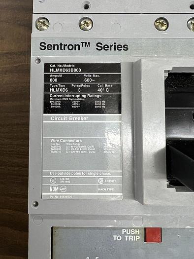 Used HLMXD63B800 Siemens 800 Amp 600V 3 Pole 65K Rated Bolt On Circuit Breaker