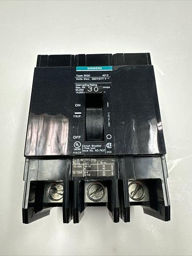 Used BQD330 Siemens 30 Amp 480V 14kA@480V 3 Pole Bolt On Circuit Breaker 783643277373