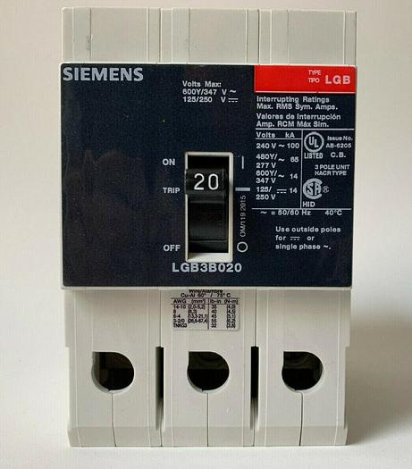 LGB3B020B Siemens 20 Amp 480V 65K 3 Pole Bolt On Circuit Breaker New LGB3B020 887621220228
