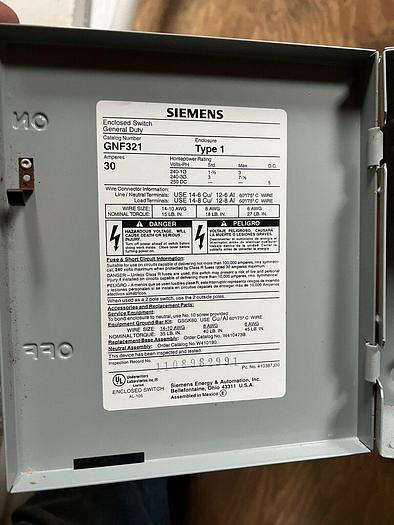 GNF321 Siemens 30 Amp 240V 3P Non Fusible Nema 1 Indoor Disconnect Switch New