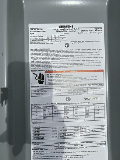 Used HF323N Siemens 100 Amp 240V 3 Pole 4W Nema 1 Indoor Fusible Disconnect Switch