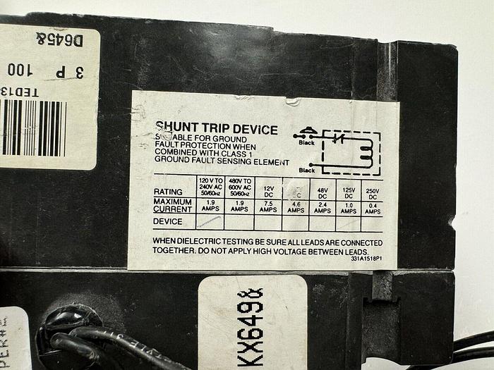 Used TED134100WLST1 GE 100 Amp 480V 3 Pole 120V Shunt Trip Type TED Feed Through Lugs