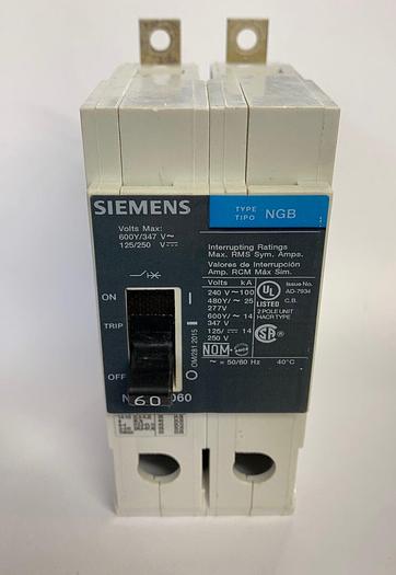 Used NGB2B060 Siemens 60 Amp 600V 2 Pole Bolt On Circuit Breaker