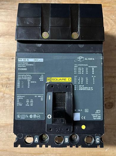 FH36060 Square D 60 Amp 600V 3 Pole 25kA@480V I-Line Circuit Breaker FH60A New