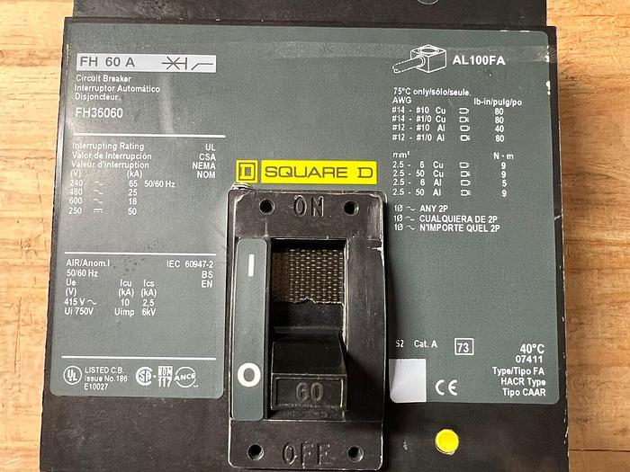 FH36060 Square D 60 Amp 600V 3 Pole 25kA@480V I-Line Circuit Breaker FH60A New