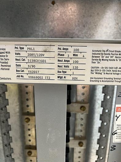Used Cutler Hammer PRL1 100 Amp Main Lug Only 208/120V 3 Phase 4 Wire Breaker Panel