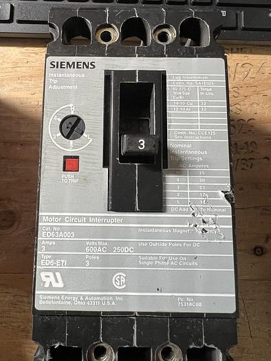 Used ED63A003 Siemens 3 Amp 600V 3 Pole Motor Circuit Interrupter Circuit Breaker