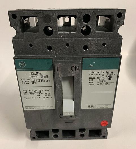 Used TED134050 GE 50 Amp 480V 3 Pole Bolt On Circuit Breaker