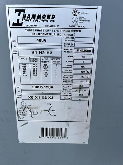 Used 45KVA Hammond MK045KB 480 208 /120V Transformer 45 KVA 3 Phase 408X208/120