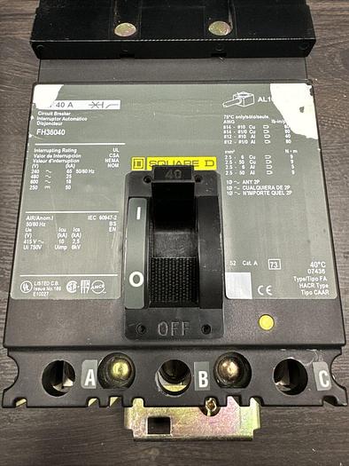 Used FH36040 Square D 40 Amp 600V 3 Pole I-Line Plug In Circuit Breaker 785901241355