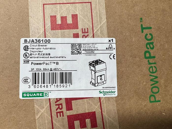 BJA36100 Square D 100 Amp 600V 3 Pole Plug In I-Line Circuit Breaker New in Box