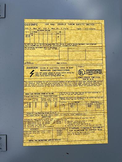 Used D223NFC Cutler Hammer 100 Amp 240V 2 Pole Manual Transfer Switch Double Throw