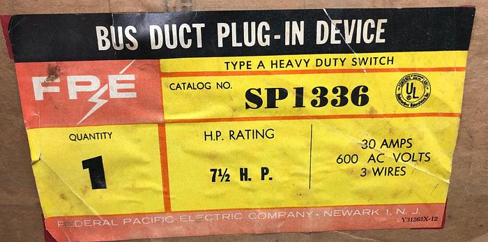 SP1336 FPE 30 Amp 600V 3 Phase 3 Wire Bus Plug SP Style New