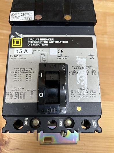 FH36015 Square D 15 Amp 600V 3 Pole I-Line Circuit Breaker New