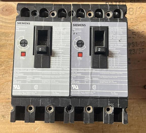 Used ED63A002 Siemens 2 Amp 600V 3 Pole Motor Circuit Interrupter Circuit Breaker