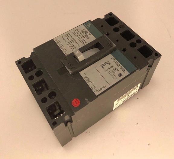 Used THED136015 GE 15 Amp 600V 3 Pole 25KA@480V Bolt On Circuit Breaker Green Face