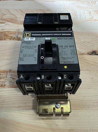 Used FA34100 Square D 100 Amp 480V 3 Pole 18kA@480V ILine Circuit Breaker