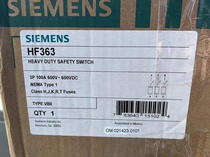 HF363 Siemens 100 Amp 600V Fusible 3P Heavy-Duty Fusible Safety Switch New 783643151024