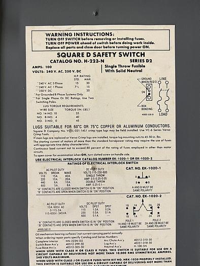 Used H223N Square D 100 Amp 240V 2 Pole 3W Nema 1 Indoor Fusible Disconnect Switch
