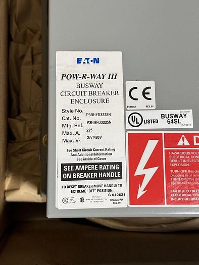 P3BHFD3225N EATON 225 Amp 480V 3 Phase 4 Wire Circuit Breaker Type Bus Plug New