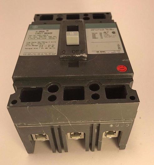 Used THED136015 GE 15 Amp 600V 3 Pole 25KA@480V Bolt On Circuit Breaker Green Face