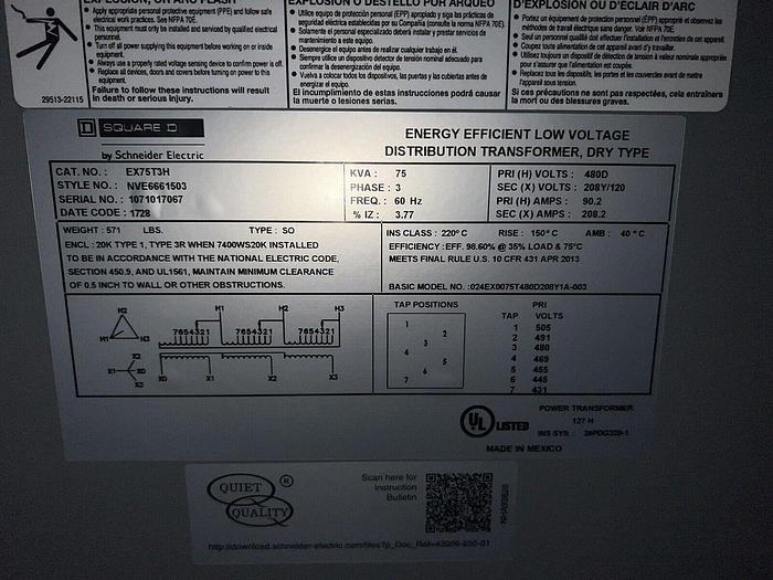 Used EX75T3H Square D 75 KVA Transformer 480 X 208/120V 3 Phase 75KVA 480/208/120V