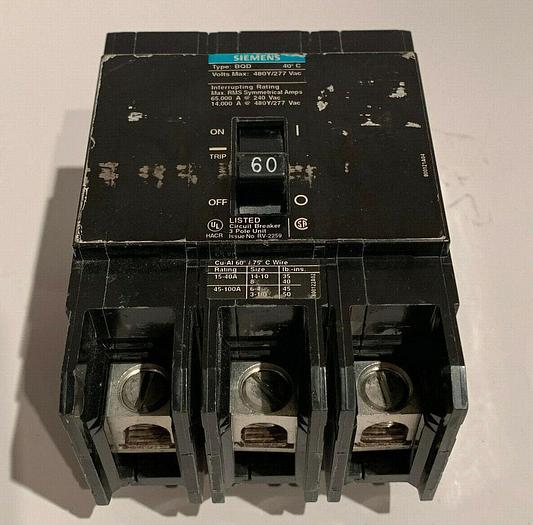 Used BQD360 Siemens 60 Amp 480V 3 Pole Bolt On Circuit Breaker Type BQD