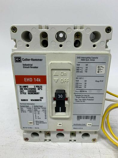 Used EHD3030 Cutler Hammer 30 Amp 480V 3 Pole Bolt On Circuit Breaker with Aux Switch