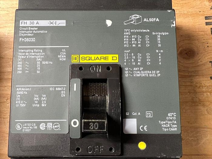 FH36030 Square D 30 Amp 600V 3 Pole 25kA@480V I-Line Circuit Breaker New FA30A