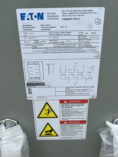 V48M28T75N12 EATON 75 KVA Transformer 480X208/120V Nema 12 Rated New 480 208/120